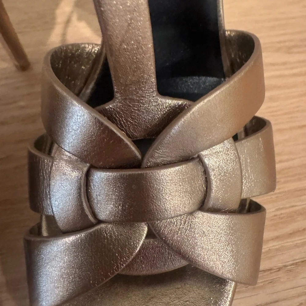 Saint Laurent Metallic Bronze Braided T-Strap Platform Sandals - Picture 12 of 16